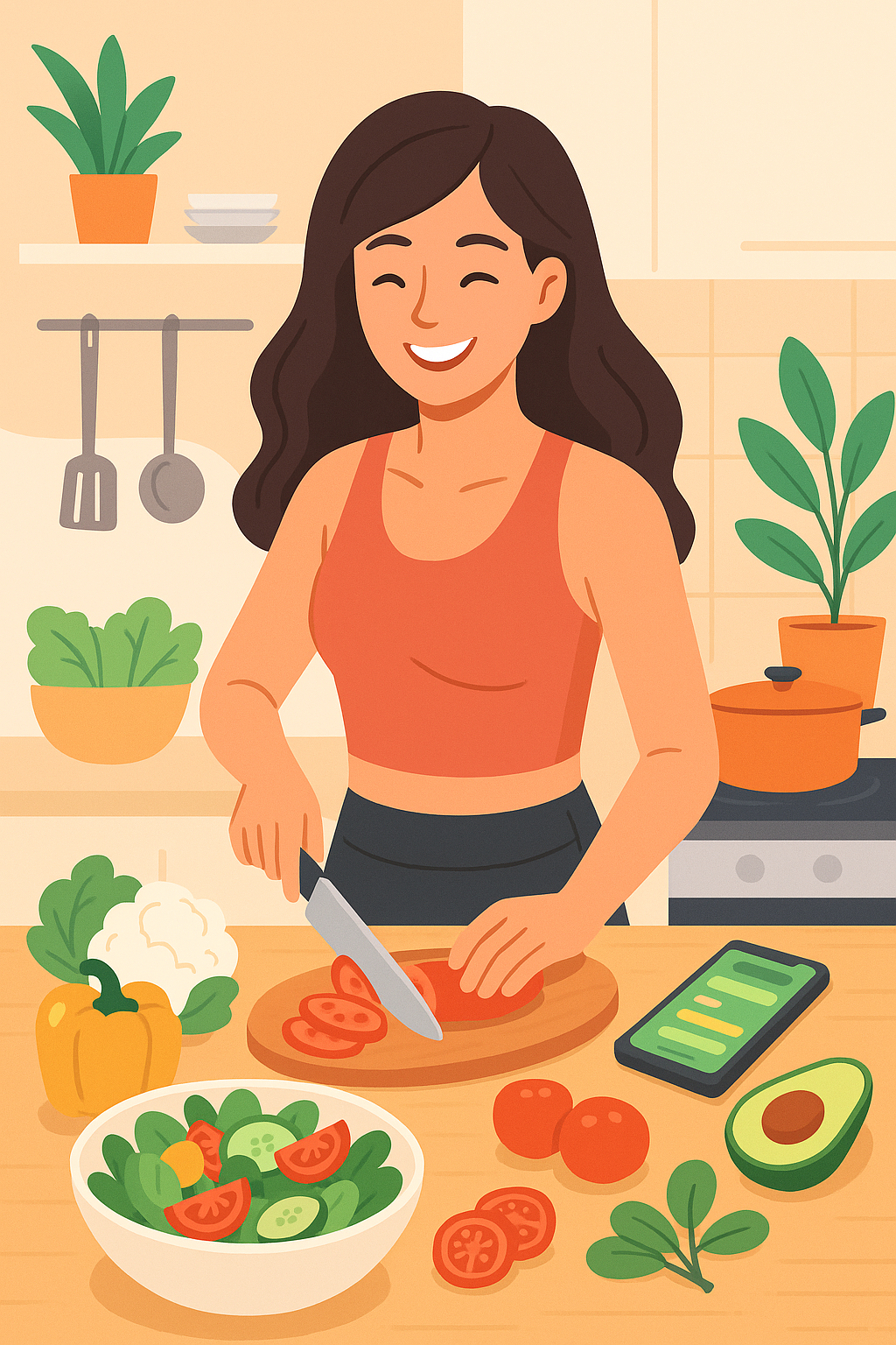 Illustration of woman cooking healthy food